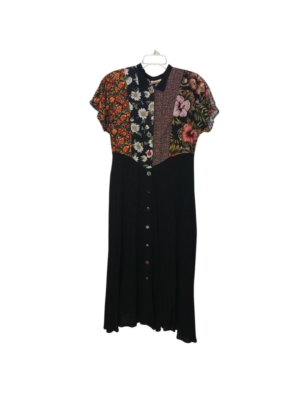 Zoe Patchwork Dress Large Button Maxi Dress Black Multicolor Rayon VTG #L70